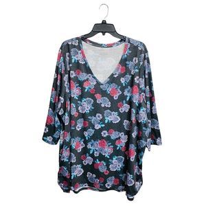LANE BRYANT Womans Plus Sz 26/28 V Neck Gray Floral Print Top Blouse